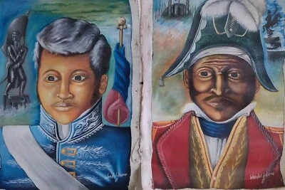 2 PINTURAS DE ARTE HAITIANA ORIGINAIS POR WENDEL JEUNE HISTORIC DESSALINES & PETION - Imagem 1 de 3