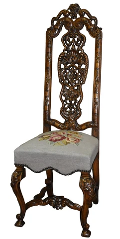 Antique Carved High Back Jacobean Style Accent Chair w/Needlepoint Seat Cover