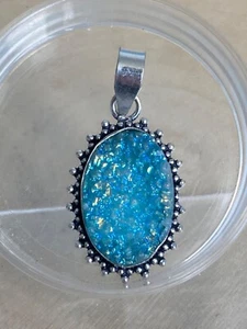 Blue Druzy Quartz Pendant Handmade Sterling Silver 925 Plated Vintage Natural - Picture 1 of 4