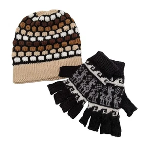 Peruvian Llama Alpaca Wool Set Fingerless Gloves Beanie Hat Cap Cosy Warm Winter - Picture 1 of 4