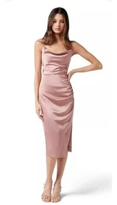 Forever New Sz12 Laura Satin Cowl Ruched Midi Dress Powder Rose Pink Strappy NEW - Picture 1 of 11