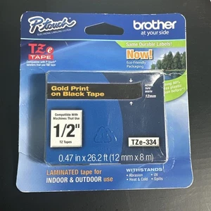 Brother TZe Standard selbstklebendes laminiertes Schriftband 1/2 W gold auf schwarz TZE334 - Bild 1 von 2