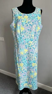 EAST Floral Linen & Cotton Summer Midi Shift Dress Blue Yellow Purple UK 16 - Picture 1 of 9
