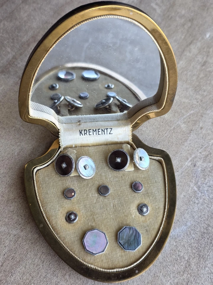 Juego de gemelos y tachuelas vintage Krementz de 9 piezas madreperla Art Deco Foto 1 de 4