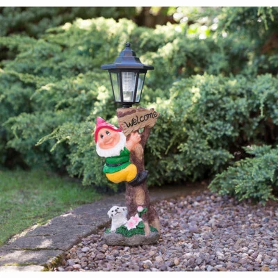 Solar Powered Gnome Led Lamp Post Garden Outdoor Light Up Ornament Statue Yellow - Image 1 of 4