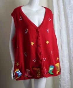 so fun Quacker Factory Sz 3X Red COWBOY BOOTS Texas Cardigan Sweater Vest - Picture 1 of 10