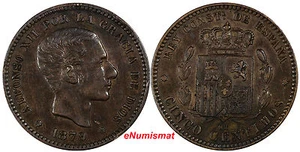 SPAGNA ALFONSO XII Bronzo 1879 OM 5 Centimos Choice XF Condit. KM#674 (10 506) - Foto 1 di 3