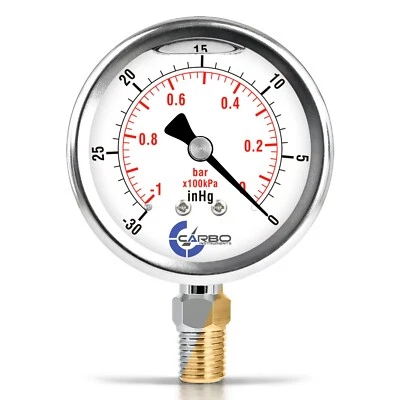 2.5" LIQUID FILLED VACUUM PRESSURE GAUGE -30Hg/0 -1Bar, S.S CASE BRASS LOWER  - Image 1 of 4