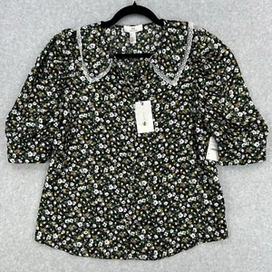 Halston Floating Ditsy Black Button Blouse Damen M Prairie Cottage Granny Lace - Bild 1 von 8