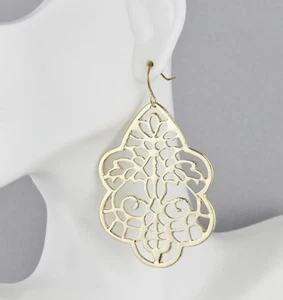 Gold teardrop earrings dangle cut out filigree scroll oval 2.75" long medallion - Picture 1 of 10