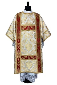 Deacon dalmatic Roman , open sides, golden brocade fabric lined maniple and stol - Picture 1 of 5