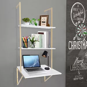 Desk Wall Mount Ladder Desk 3 Tier Floating Shelves White And Gold Desk Desk NEW - Picture 1 of 14