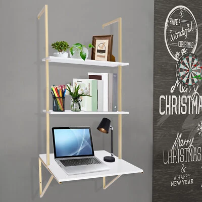 Desk Wall Mount Ladder Desk 3 Tier Floating Shelves White And Gold Desk Desk NEW - Image 1 of 4
