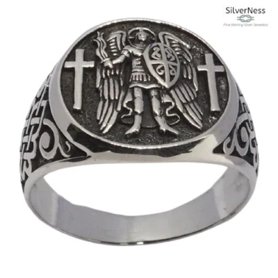 SilverNess Men's Jewellery : Saint Michael Signet ring : Sterling Silver 925 - Image 1 of 4