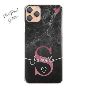 Personalised Initial Phone Case;Pink Heart on Black Marble Hard Cover with Name - Picture 1 of 11