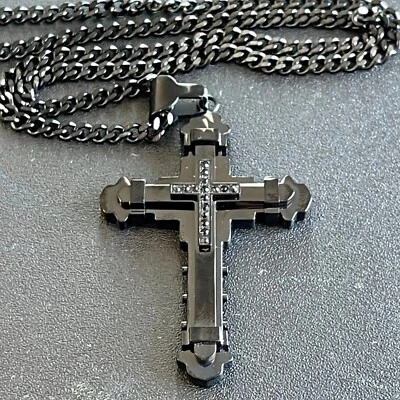 Mens Stainless Steel Necklace Cross Pendant 24'' Black Cross Necklace CZ - Image 1 of 4