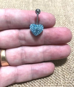 AQUA 14G HEART SHAPE BELLY RING NAVAL BAR PAVE CLAY CZECH CRYSTALS BELLY BAR - Picture 1 of 5