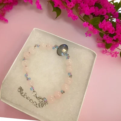 Sujetador de mujer hecho a mano con cuentas de vidrio aurora boreal rosa perlas y cuentas de vidrio azul Foto 1 de 4