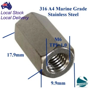 Qty 2 Hex Rod Coupling Nut M6 (6mm) 316 Marine Stainless Steel Coupler Connector - Picture 1 of 1