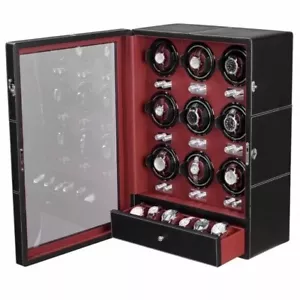 Reloj JQueen Cuero Automático 9+6 Caja de Pantalla Bobinador Motores Mabuchi, Negro/Rojo - Imagen 1 de 3