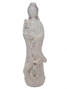 12" White Standing Guan Yin Kwan Yin Quan Yin w/ Dragon Statue - Picture 1 of 1