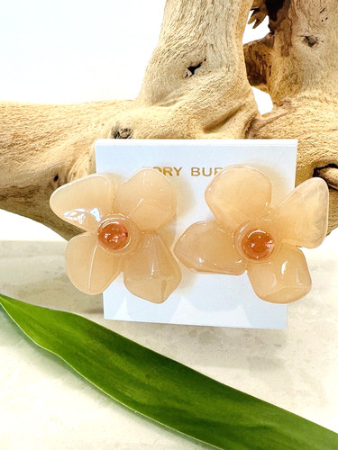 Orecchini Tory Burch Placcati Oro Smalto Fiori Grandi Grosse Borchie Rosa