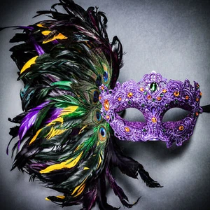Women Mardi Gras Side Peacock Feather Venice Carnival Masquerade Venetian Mask - Picture 1 of 6