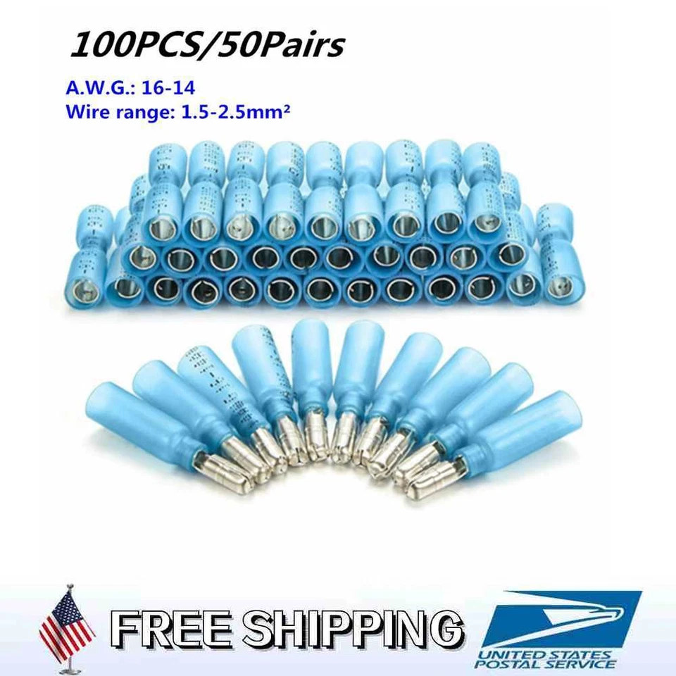 100x Blue Heat Shrink Bullet Wire Connector 16-14AWG Male/Female Crimp Terminals - Image 1 of 4