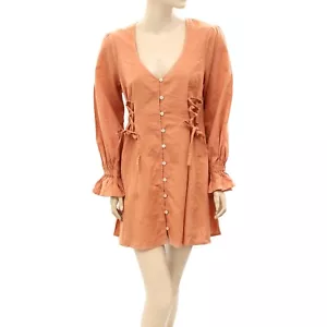 Free People Buttondown Mini Dress Solid Long Sleeve Cotton Laceup S New 250670 - Picture 1 of 4