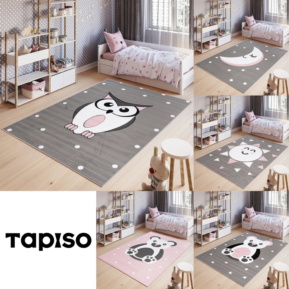 Kinderteppich Kinderzimmer Kurzflor Grau Rosa Eule Sonne Teddy Kinderzimmer - Bild 1 von 1