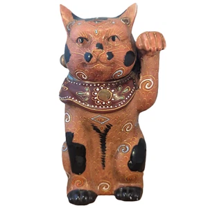 Vintage Japanese Kutani Porcelain Orange Calico Maneki Neko Lucky Cat 8.25 - Picture 1 of 18