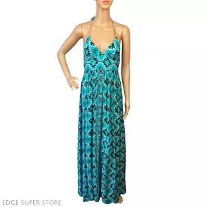 Abito Milly blu teal seta maxi smanicato lungo cravatta stampa tribale taglia 2 - Foto 1 di 6