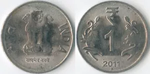 India 2011 ● 1 Rupee KM# 394 Stainless Ashoka Lion Capitol Lotus Flowers Value - Picture 1 of 3