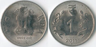 India 2011 ● 1 Rupee KM# 394 Stainless Ashoka Lion Capitol Lotus Flowers Value - Image 1 of 3