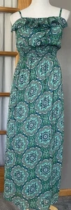 Y2K Faded Glory Floral Maxi Dress Womens Sz S Green Smocked Ruffles Peasant Boho - Picture 1 of 15