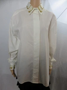 Vintage Mondi Off White Blouse Beaded Long Sleeve Hidden Buttons SZ 44 US 12 NWT - Picture 1 of 6
