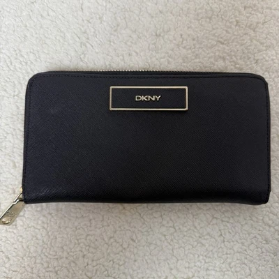 DKNY Black Saffiano Leather Zip Around Wallet Gold Hardware Logo Clutch - Image 1 of 4
