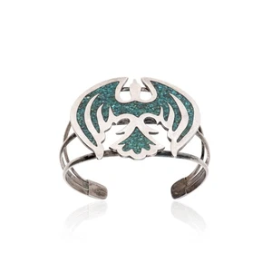 Native American Sterling Silver Turquoise Inlay Waterbird Cuff Bracelet - Picture 1 of 5