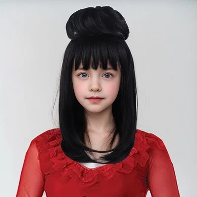 Melhor peruca preta com coque para meninas perucas de noiva reta fantasia cosplay Halloween - Imagem 1 de 4