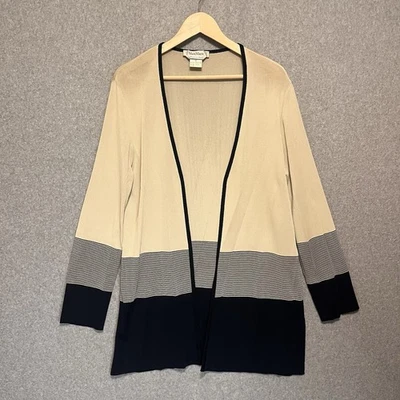 VTG Max Mara Cardigan Womens Sz M Striped Open Cream Navy Blue Made In Italy 90s - Image 1 of 4