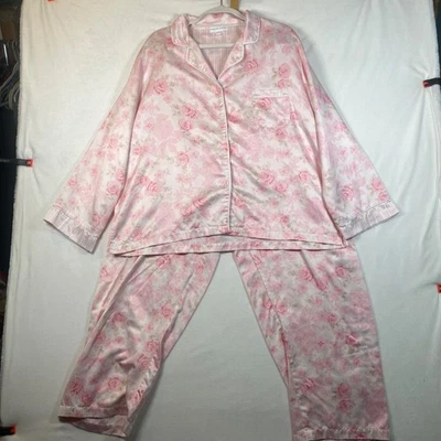 Miss Elaine Pink Floral Satin Pajama Set XL Button Down Top 2 Piece Lounge Sleep - Image 1 of 4