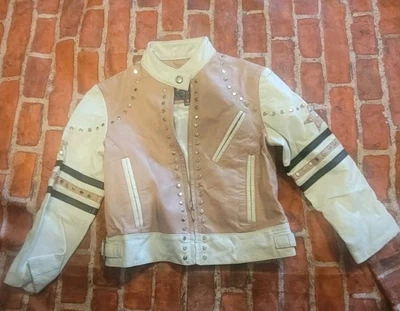 RARE WILSON'S LEATHER Girls Small LEATHER STUDDED PINK WHITE STAR JACKET COAT - Image 1 of 2