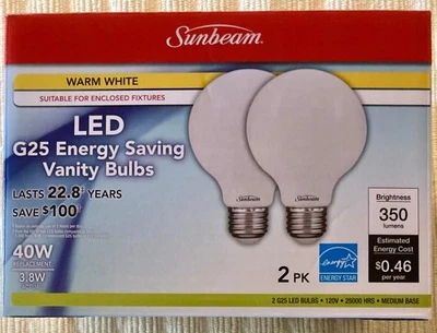 Sunbeam LED G25 Vanity Bulbs 2-Pk 40 Watt Warm White Energy Saving - Image 1 of 3