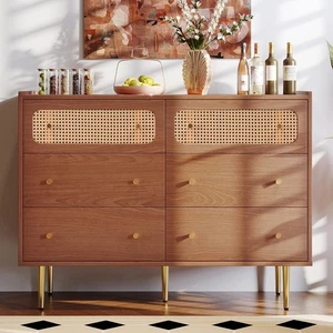 Rattan Sideboard Cabinet 6 Drawer Storage Unit Walnut for Living Room - Picture 1 of 12