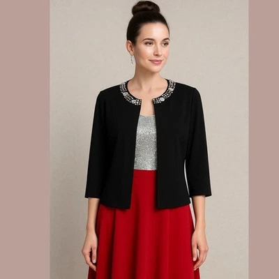 Chaqueta Alex Evenings Negra Estrás Con Cuentas Frente Abierto Manga 3/4 1X Foto 1 de 4