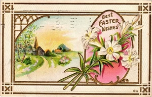 Postal de Pascua en relieve vintage escena iglesia lirios 1912 Seattle Washington - Imagen 1 de 2