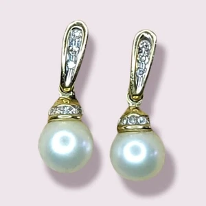 Gorgeous 14K Yellow Gold Natural 6.60mm Pearl & Diamond Dangle Earrings - Picture 1 of 10
