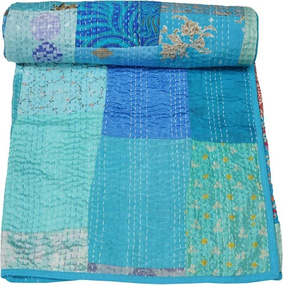 Indian Vintage Silk Handmade Patchwork Kantha Quilt Bedspread Blanket Throw
