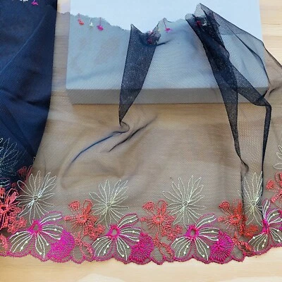 Floral Embroidered Lace Trim with Black Tulle/ Sewing/Bridal/Crafts/10.5" Wide - Image 1 of 4