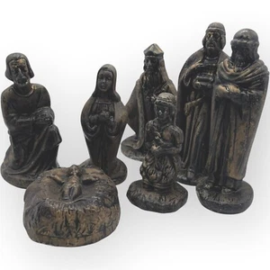 BRONZE Black WAX NATIVITY Figures CHRISTMAS 7 FIGURE SET JESUS MARY Shepherd Vtg - Picture 1 of 15